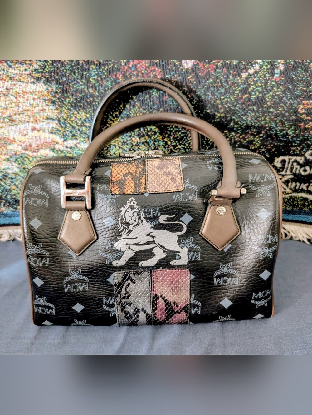 MCM Black Logo Boston Satchel with Princess Lion Motif Snakeskin Accents